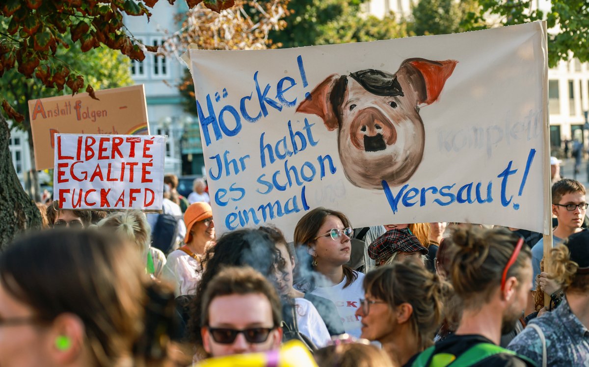 Митингующие держат плакат с надписью «Hoecke! Вы уже один раз все испортили!» во время заключительного митинга ультраправой партии «Альтернатива для Германии» (AfD) в Эрфурте, Германия, 31 августа 2024 года. Фото: Clemens Bilan / EPA-EFE